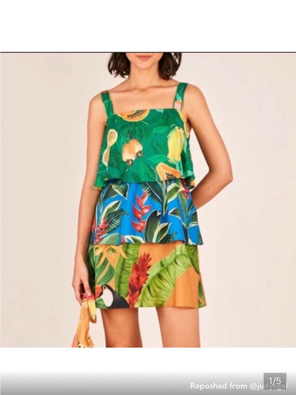 FARM Rio Green Tropical Mini Dress with Orange & Yellow Fruit Print - Picture 1 of 8